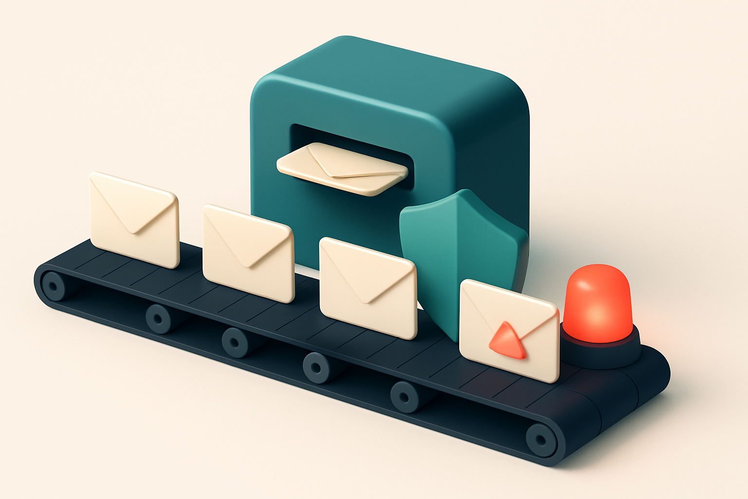 An isometric illustration of a digital inbox with a conveyor belt bringing in envelopes labeled 'valid', 'risky', 'inval