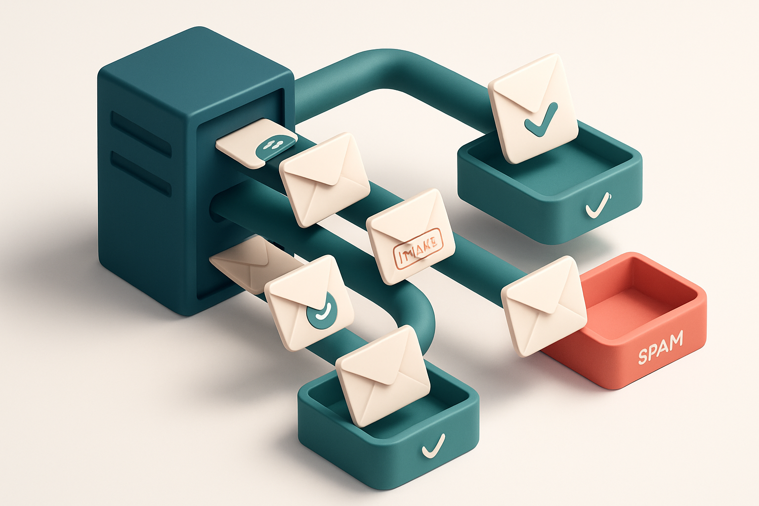 Hero: an isometric server rack with multiple email envelopes flying through labeled 'SPF', 'DKIM', and 'DMARC' tunnels,