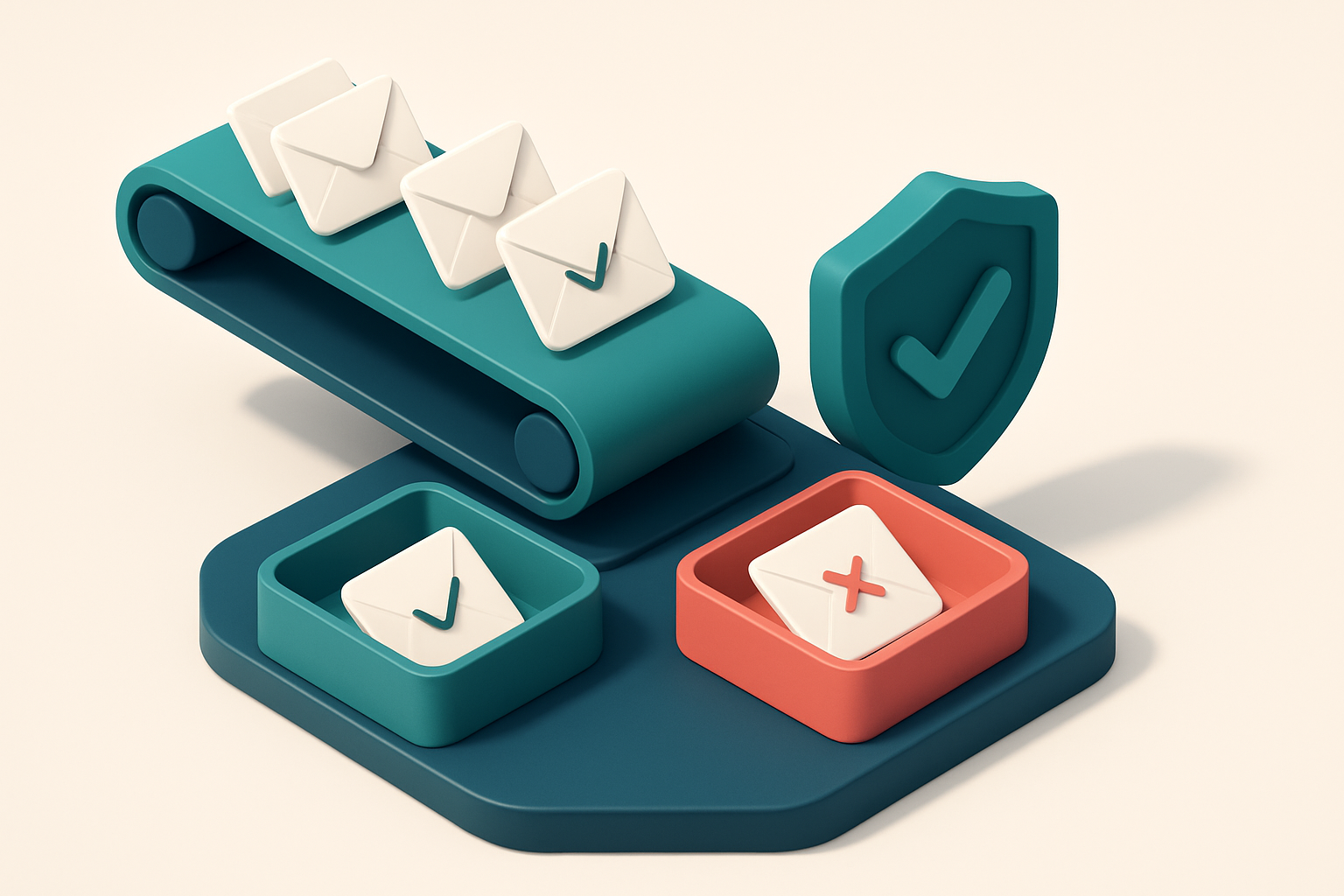 Hero: an isometric illustration of a fitness studio's email list flowing through a conveyor belt that sorts emails into