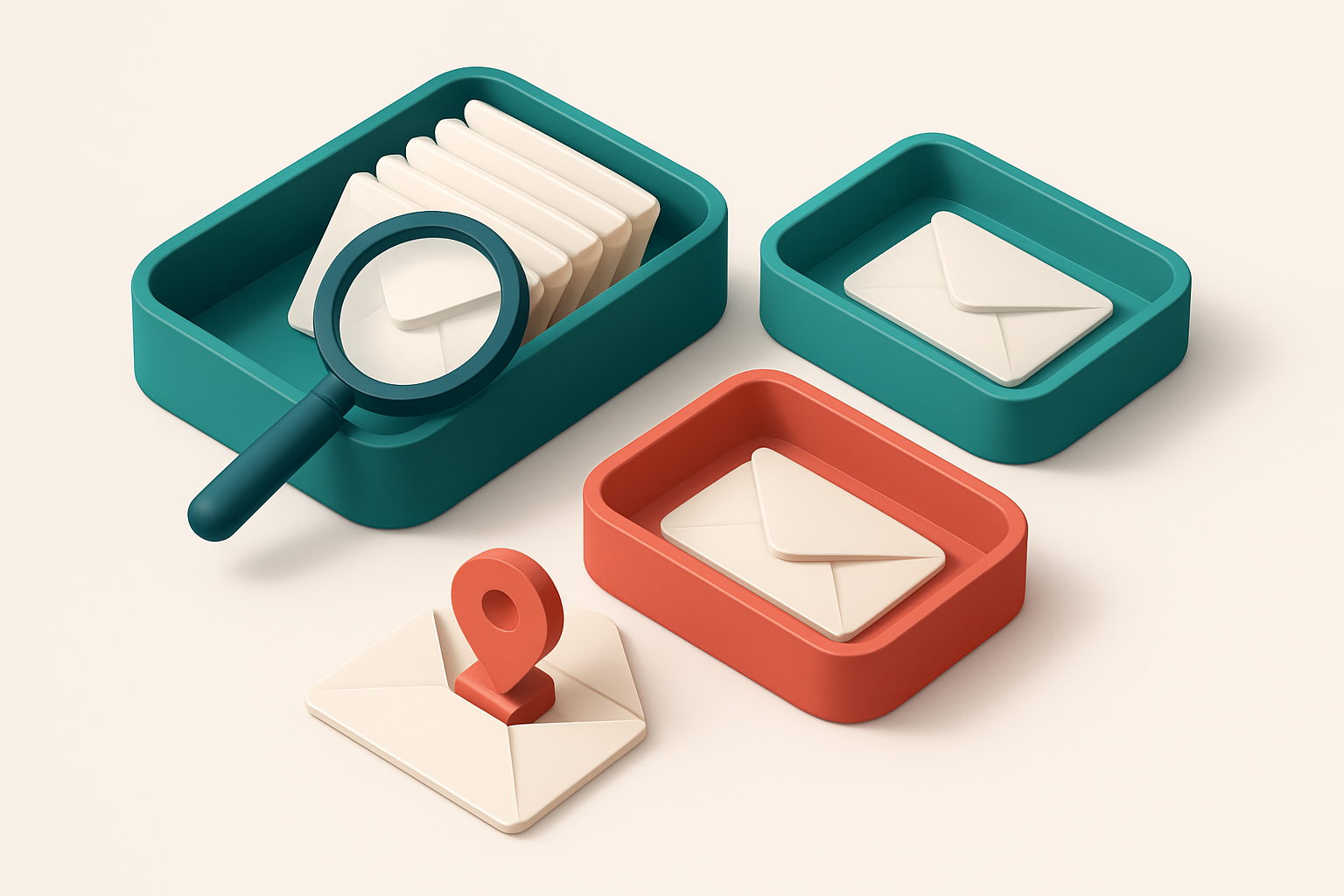An isometric email inbox with envelopes being sorted onto a green 'valid' tray and a red 'invalid' tray, a magnifying gl