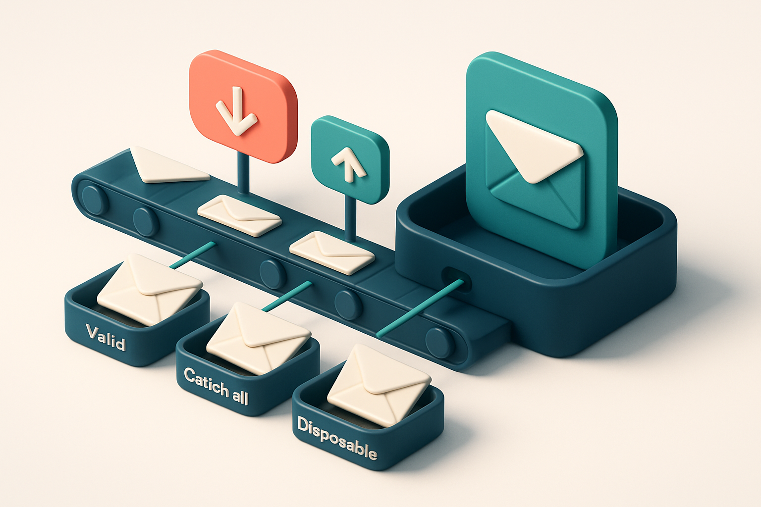 An isometric inbox with envelopes labeled 'Valid', 'Catch-all', 'Role-Based', and 'Disposable' being routed onto separat