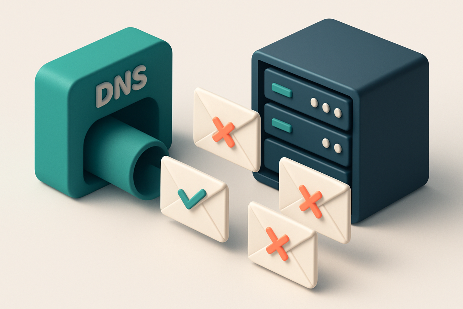 An isometric view of a server rack with multiple email envelopes flying through a tunnel marked 'DNS', each envelope tag