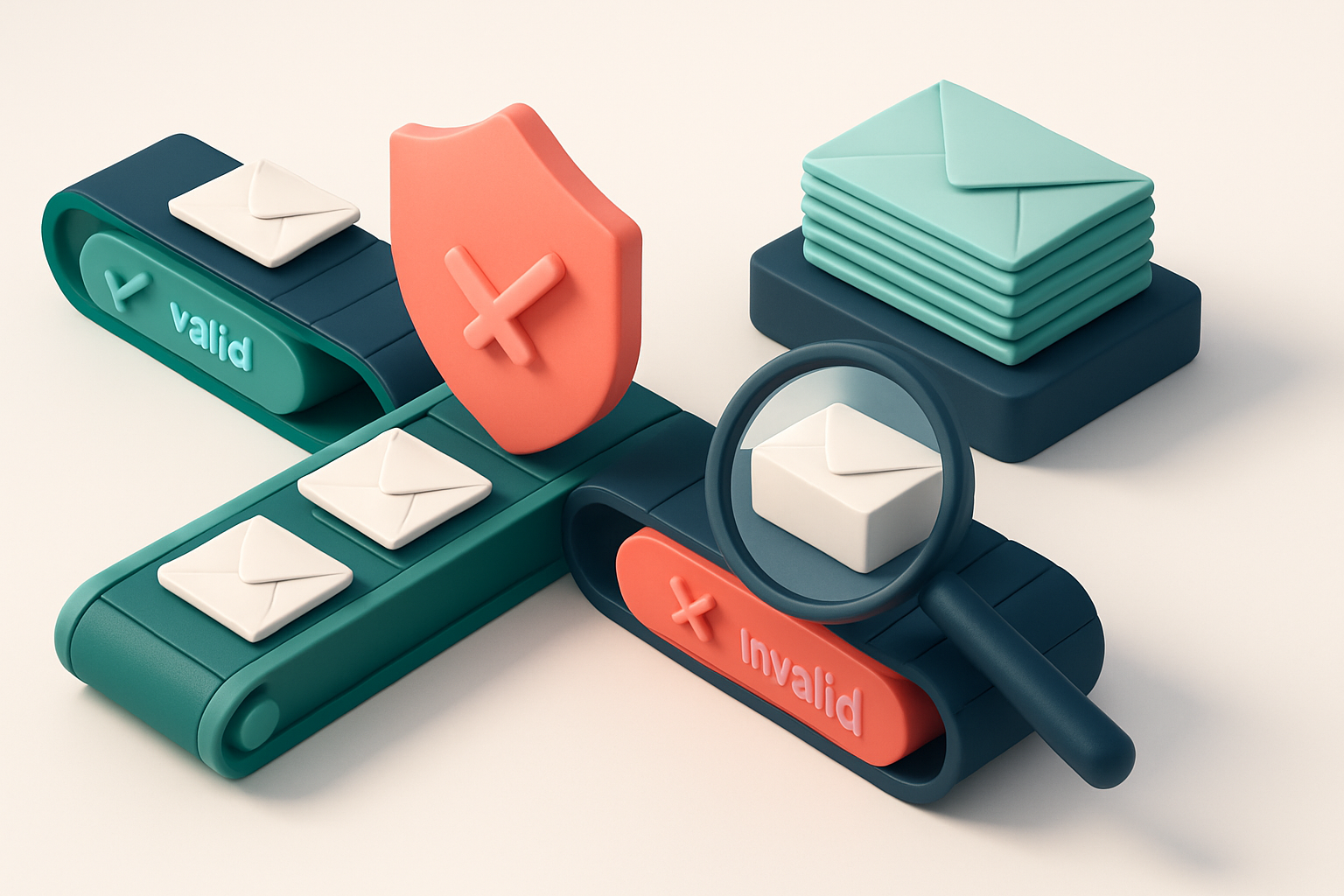 An isometric view of a medical email list flowing through a green 'valid' conveyor belt and a red 'invalid' conveyor bel