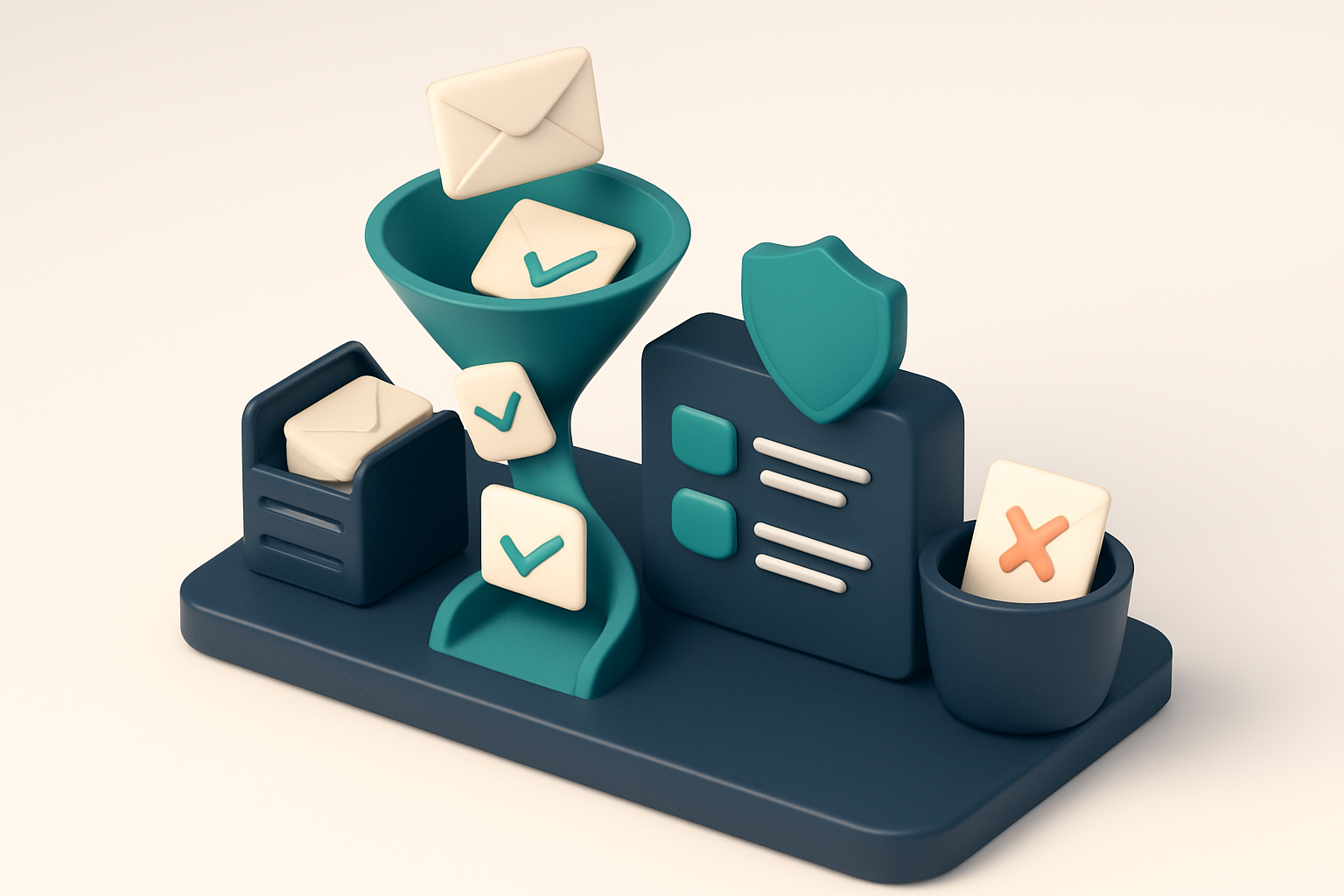 An isometric email inbox with envelopes sliding down a funnel; green checkmarks mark 'valid' addresses, red 'invalid' on