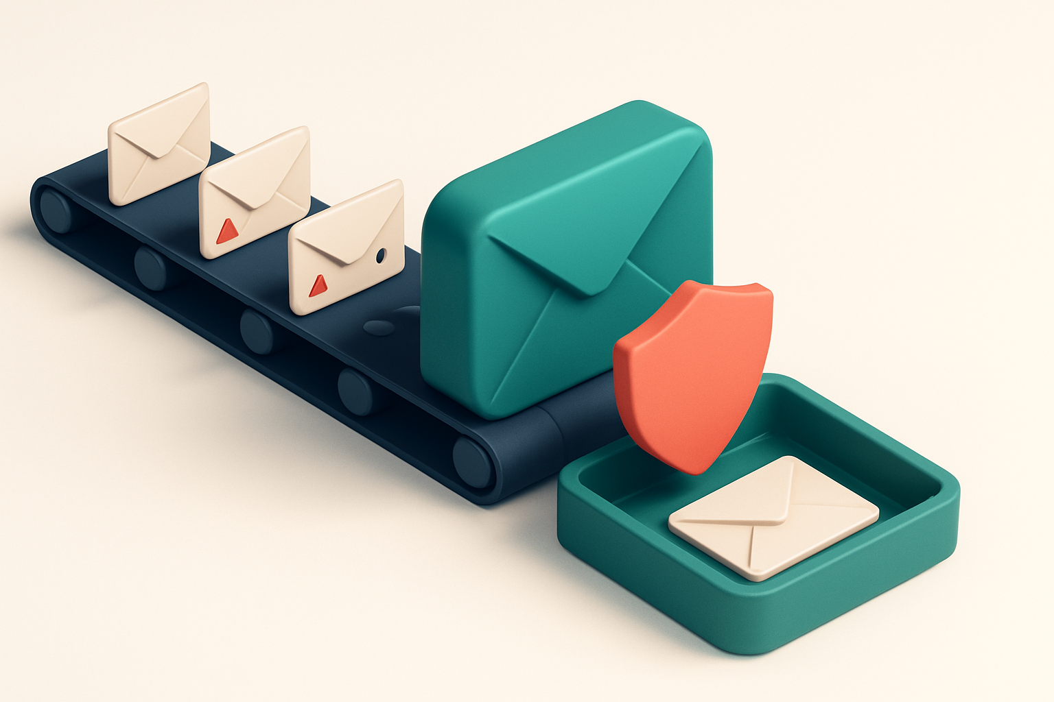An isometric email inbox with a conveyor belt feeding in envelopes labeled 'valid', 'invalid', 'catch-all', and 'risky'.