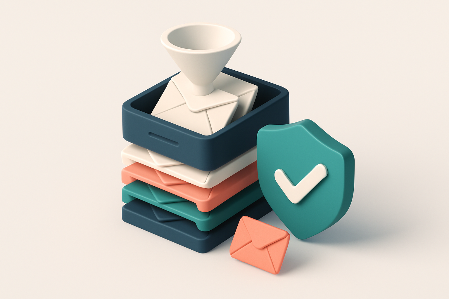 Hero: an isometric email inbox stacked with envelopes labeled 'valid', 'risky', 'catch-all', and 'invalid', sorted by co