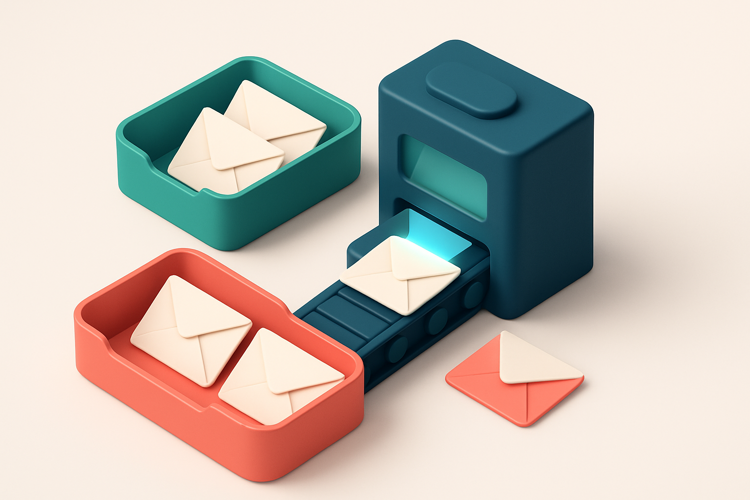 An isometric inbox with envelopes sorted into two trays: a green 'valid' tray and a red 'invalid' tray, a conveyor belt