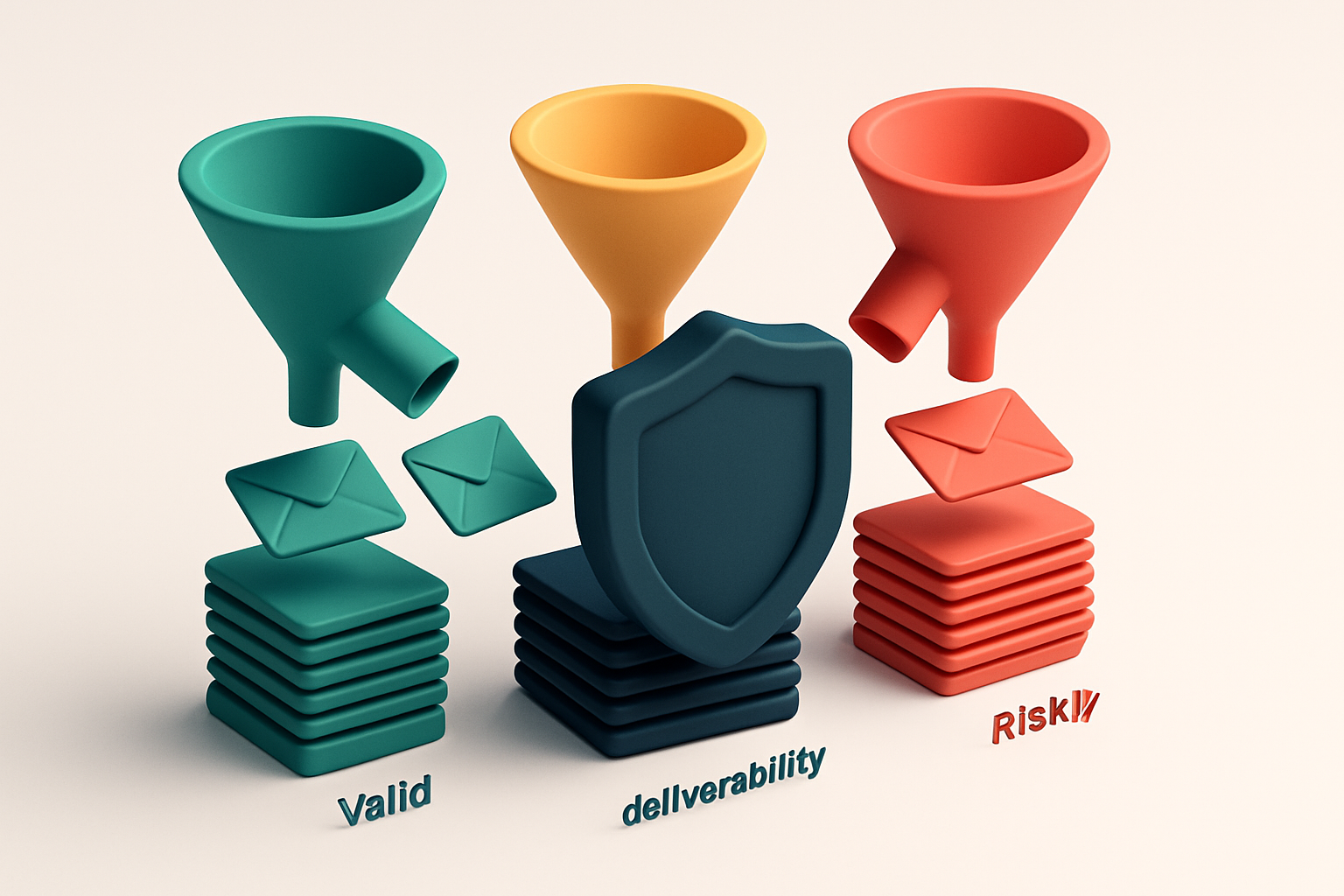 Hero: an isometric dashboard with a green 'valid' funnel, a red 'invalid' funnel, and a yellow 'risky' funnel, each feed