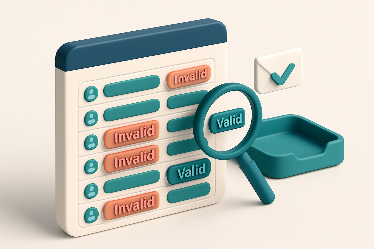 An isometric spreadsheet with multiple rows of email addresses, a red ‘Invalid’ stamp on several, and a green ‘Valid’ st