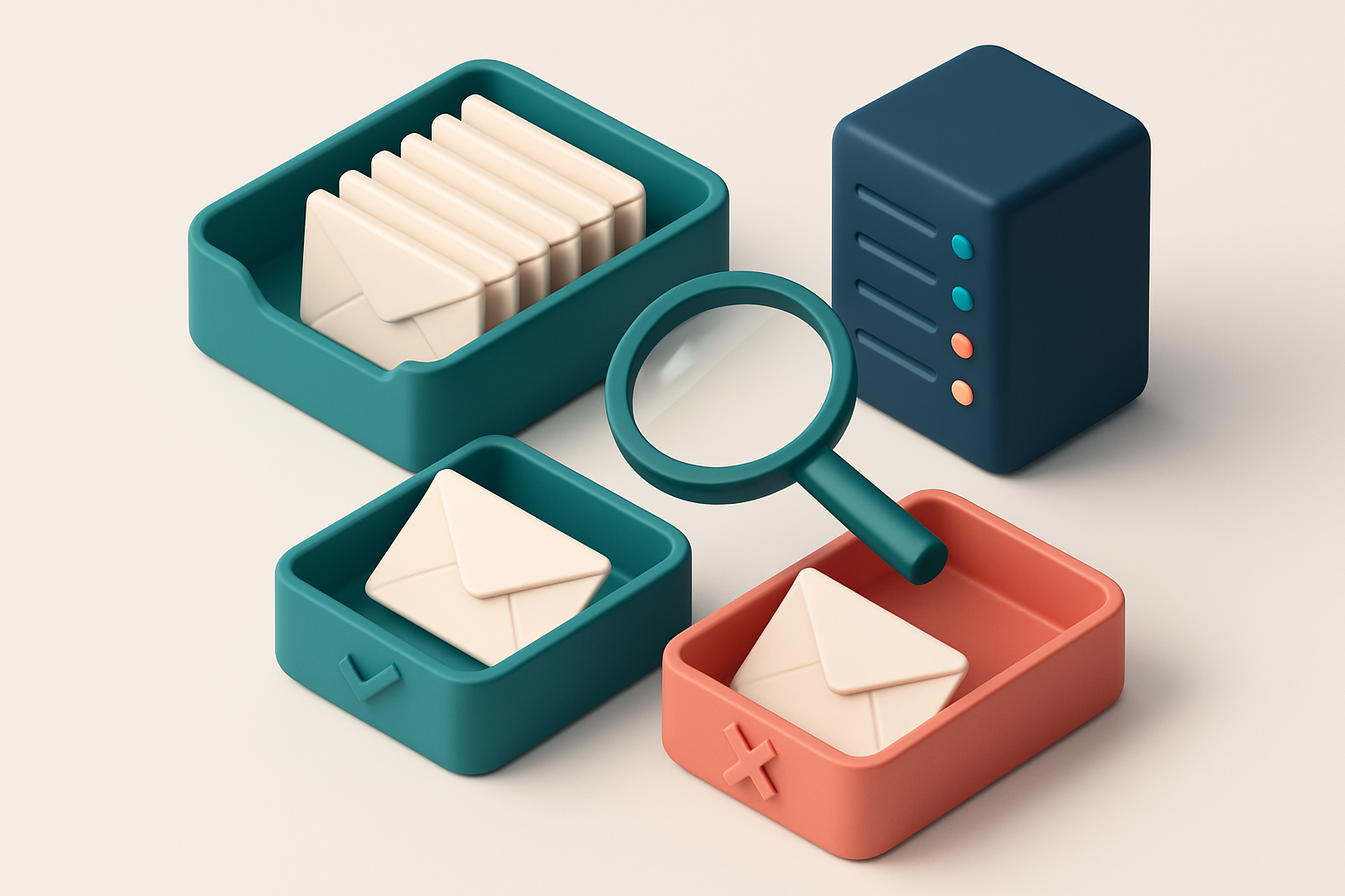An isometric email inbox with envelopes being sorted onto a green 'valid' tray and a red 'invalid' tray, a magnifying gl