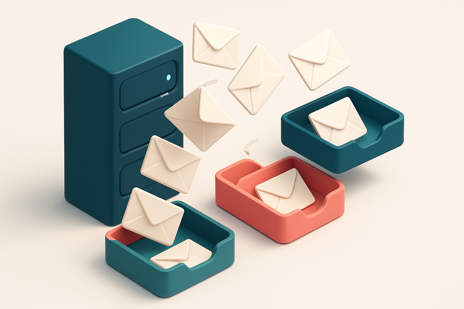 An isometric server rack with connected email envelopes flying toward multiple inboxes labeled Gmail, Outlook, and Yahoo