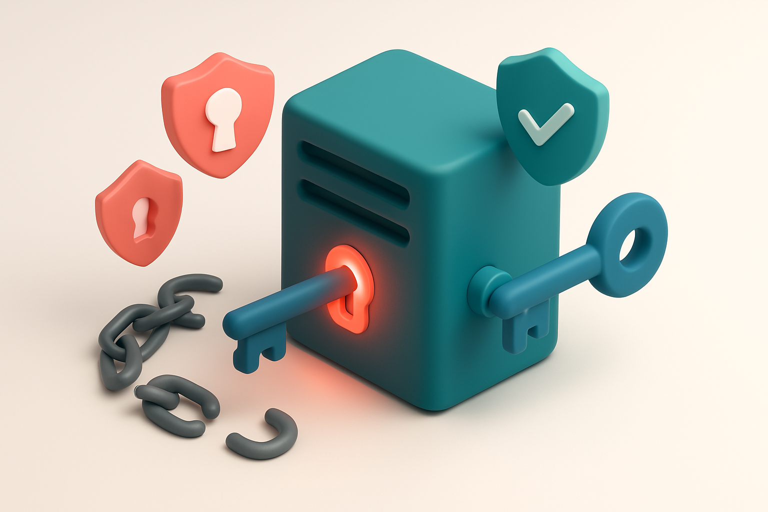 A 3D isometric illustration of a locked server room with a glowing red keyhole, a broken metal chain lying beside it, an