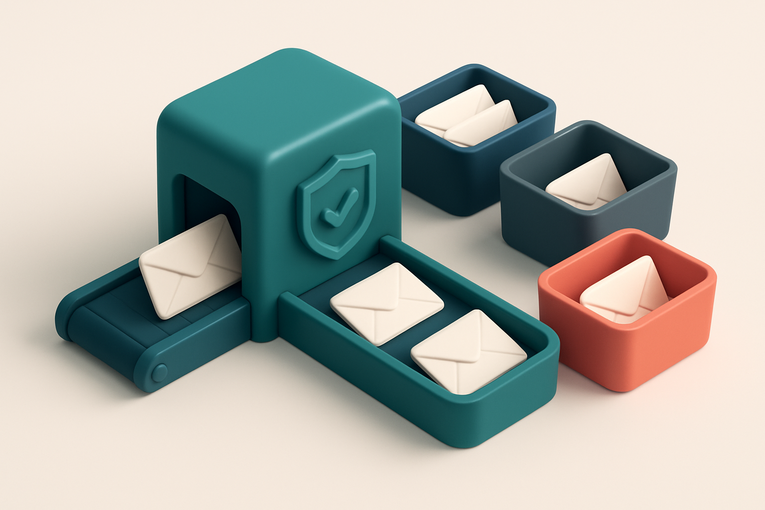 An isometric email inbox with physical envelopes being sorted: green 'valid' mailboxes on one side, red 'invalid' and gr