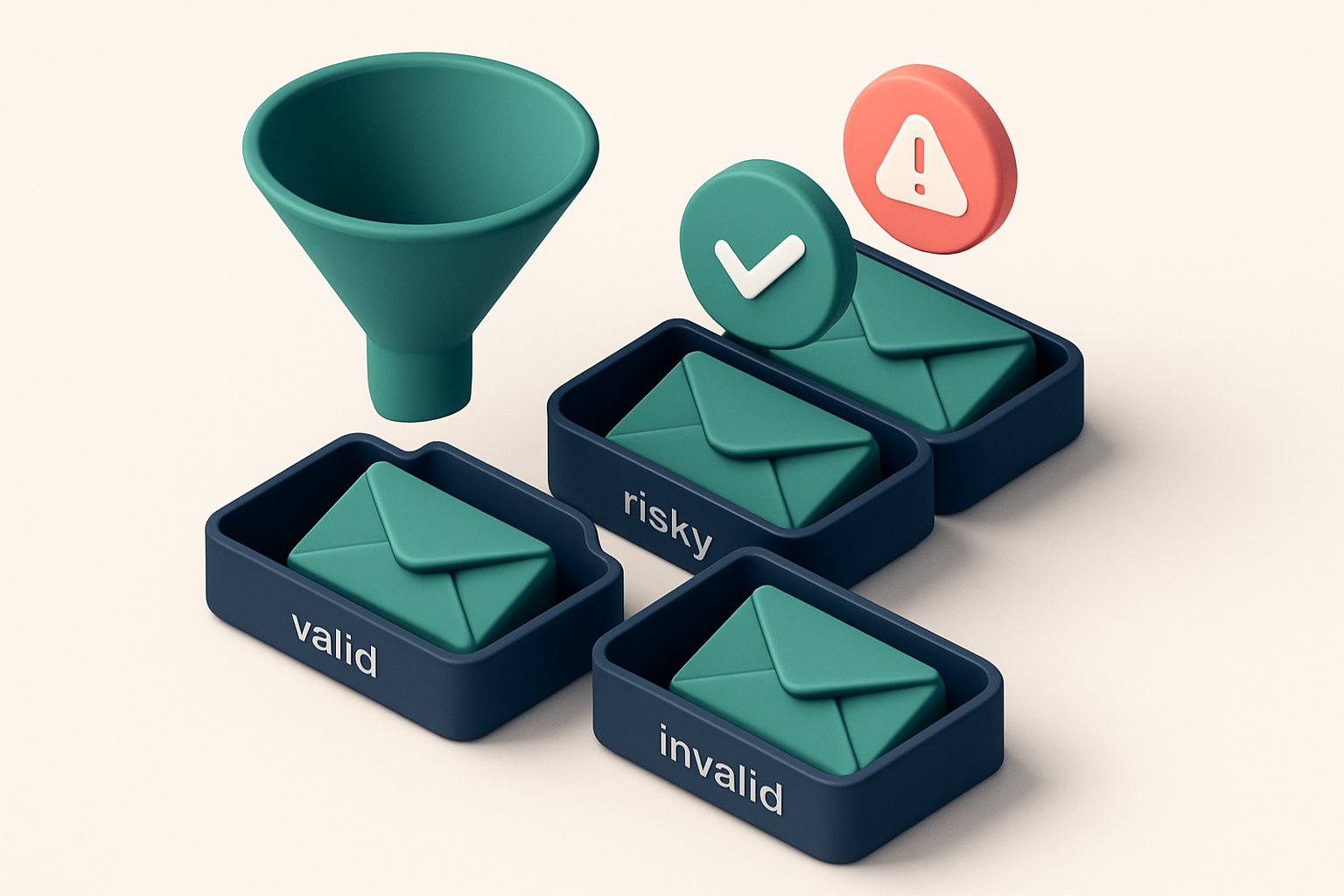 Hero: an isometric illustration of a recruitment funnel with 3D envelopes labeled 'valid', 'risky', 'catch-all', and 'in