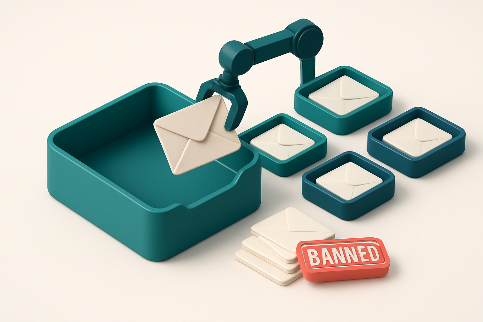 Hero: an isometric inbox with envelopes labeled 'valid', 'catch-all', 'invalid', and 'role' being sorted by a mechanical