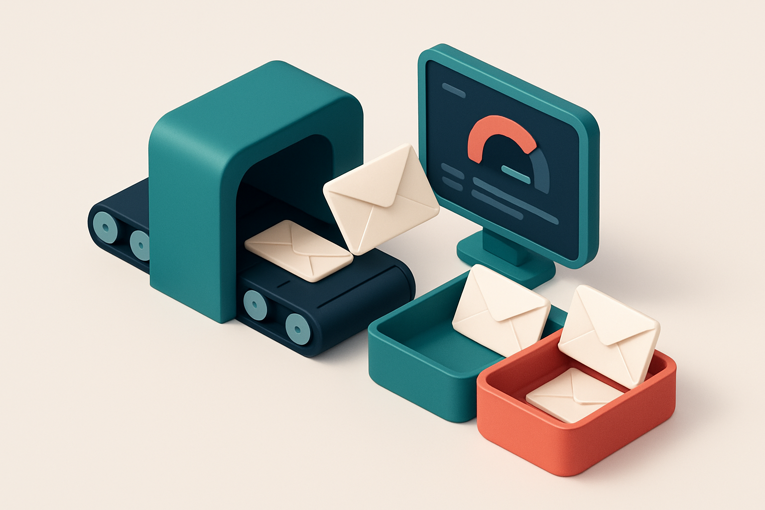 An isometric email inbox with envelopes being sorted onto a green 'valid' tray and a red 'invalid' tray, a conveyor belt