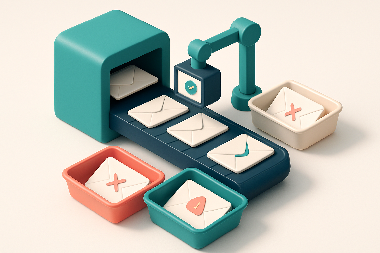 an isometric email inbox with a conveyor belt feeding in envelopes labeled with various email addresses; red 'invalid' t