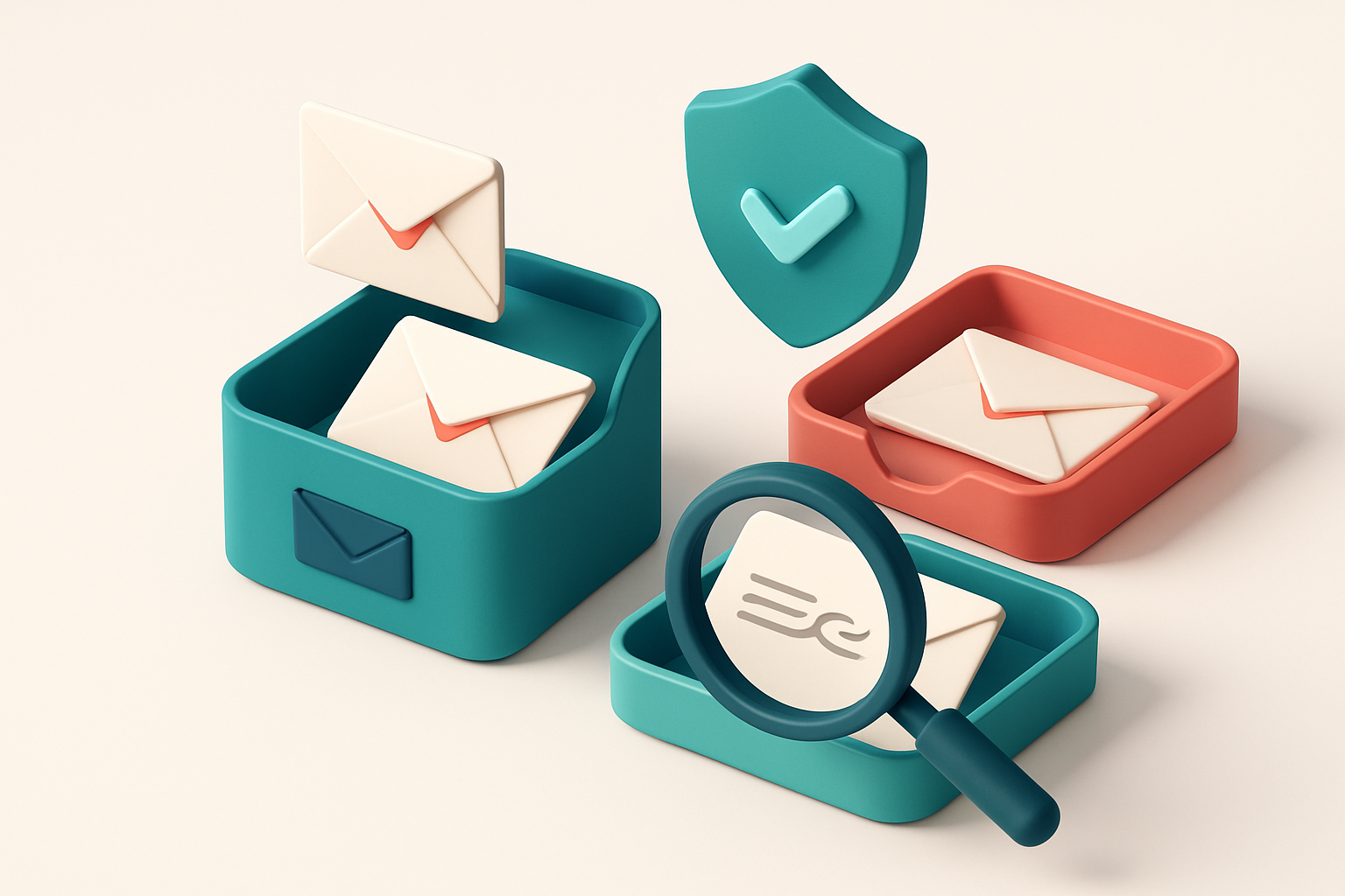 An isometric email inbox with envelopes being sorted onto a green 'valid' tray and a red 'invalid' tray, a digital shiel
