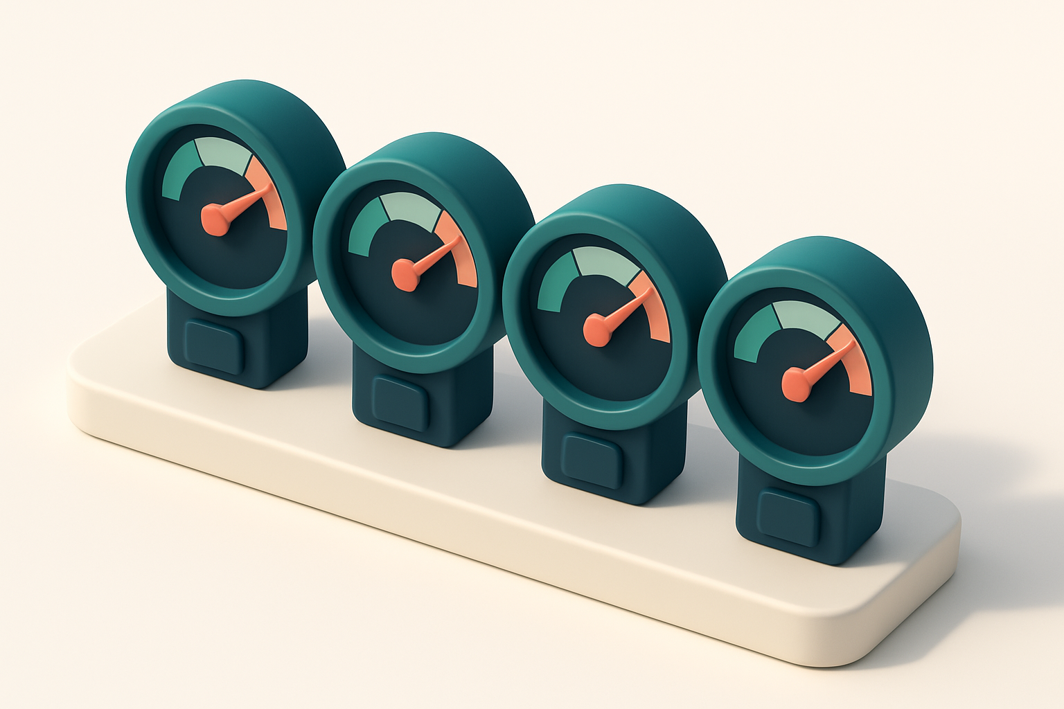 a row of four gauges showing inbox placement scores across Gmail, Outlook, Yahoo, and Apple Mail