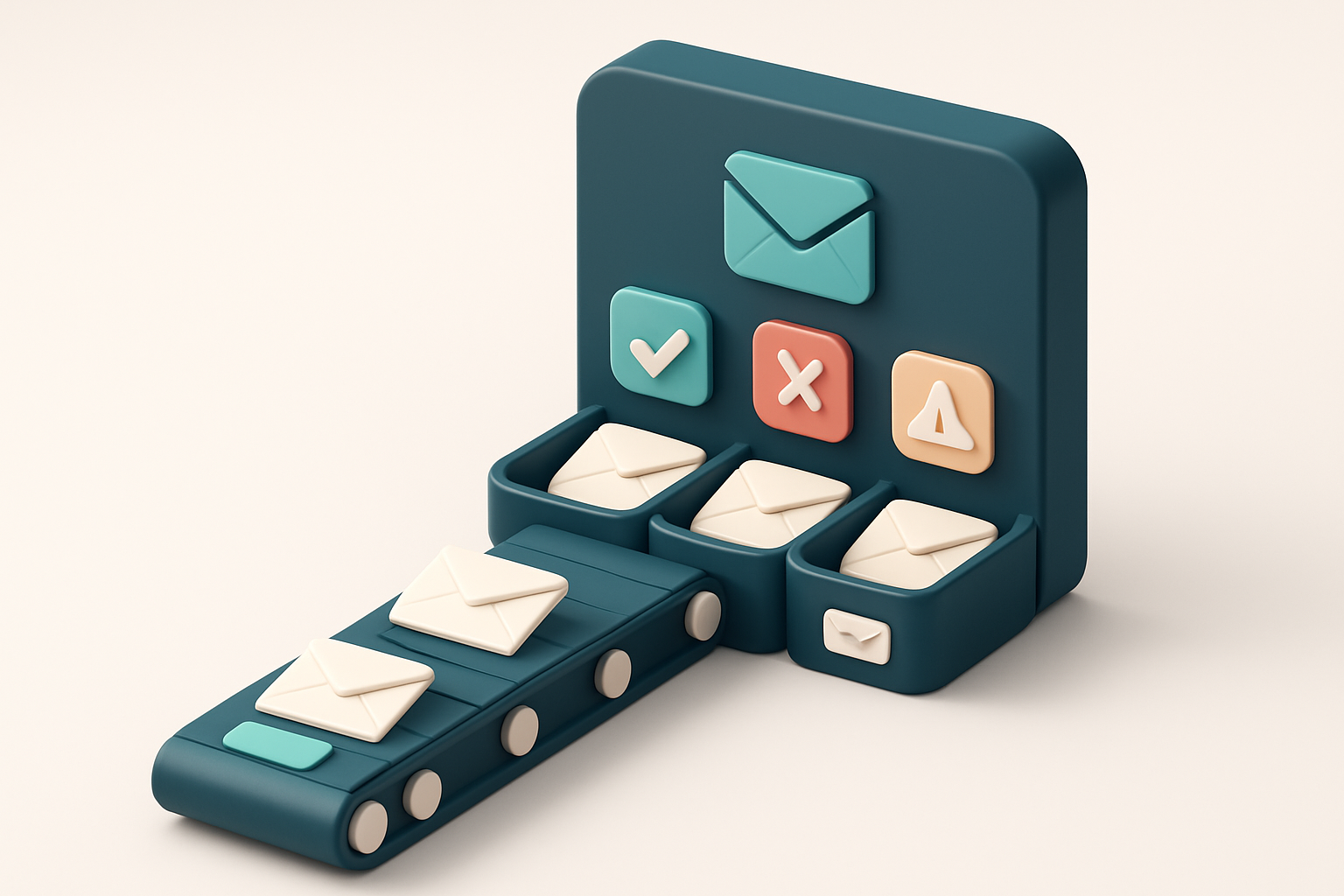 An isometric email inbox with a conveyor belt feeding envelopes labeled 'valid', 'invalid', and 'risky' into correspondi