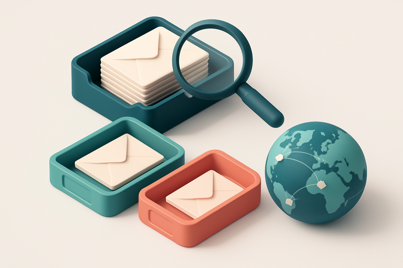 An isometric email inbox with envelopes being sorted onto a green 'valid' tray and a red 'invalid' tray, a magnifying gl