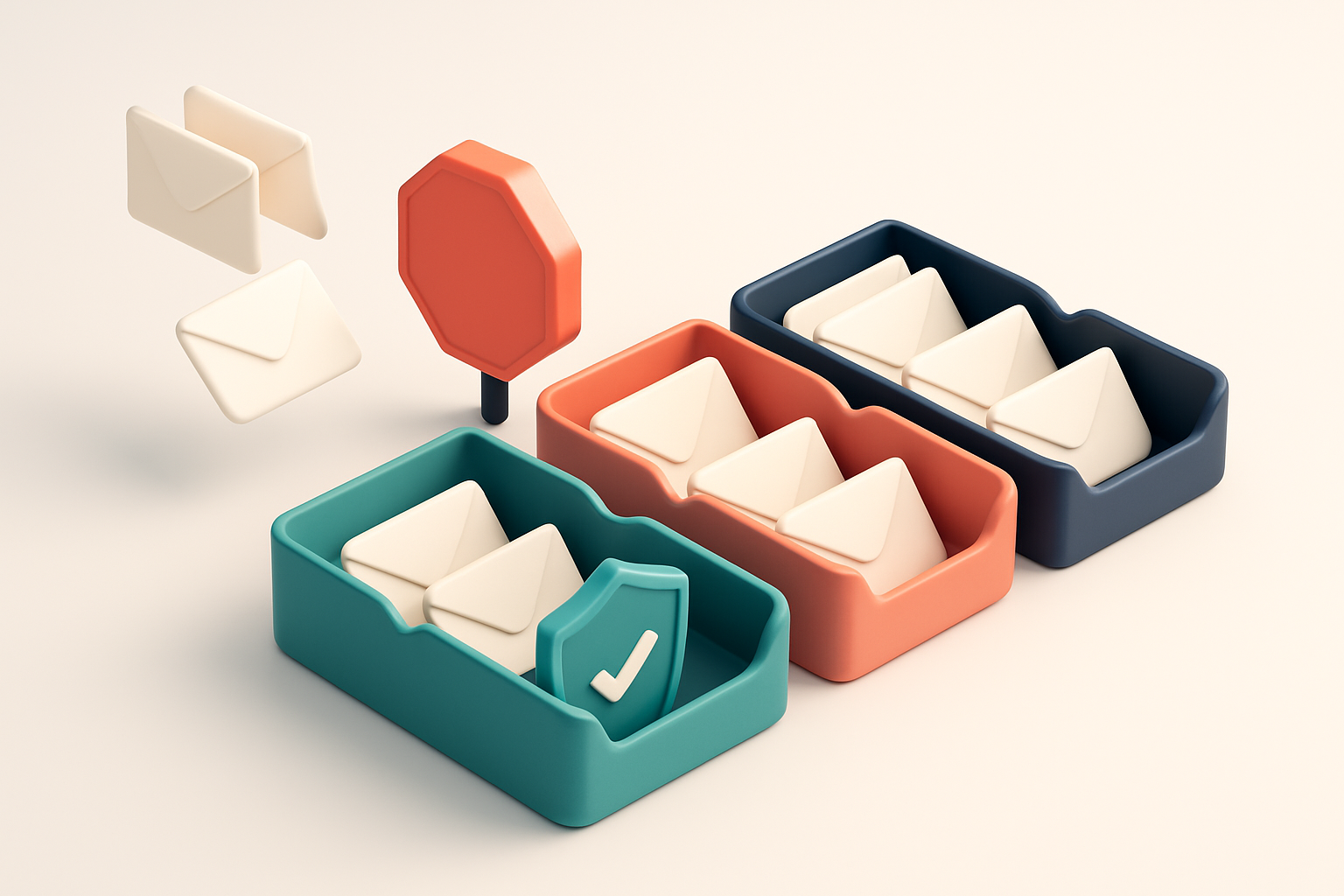 An isometric medical inbox with envelopes labeled 'Valid', 'Risky', 'Catch-all', and 'Invalid' being sorted into separat