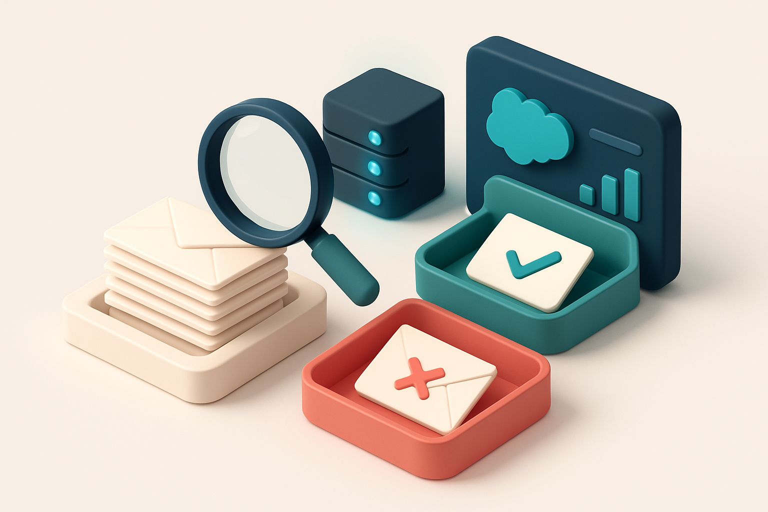 An isometric email inbox with envelopes being sorted onto a green 'valid' tray and a red 'invalid' tray, a magnifying gl
