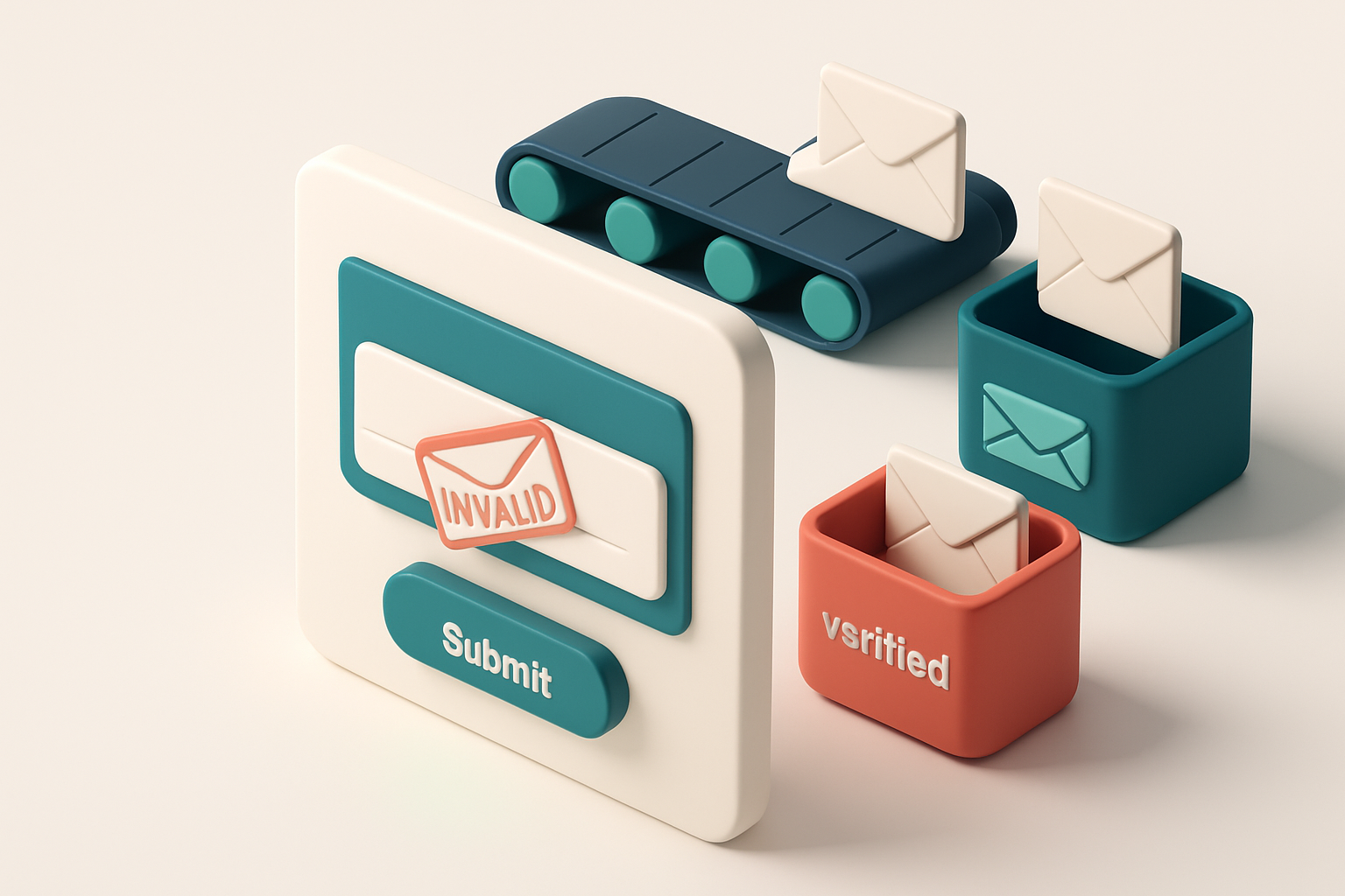 an isometric email form with a glowing green checkmark above the 'Submit' button, while a red 'invalid' stamp covers a f