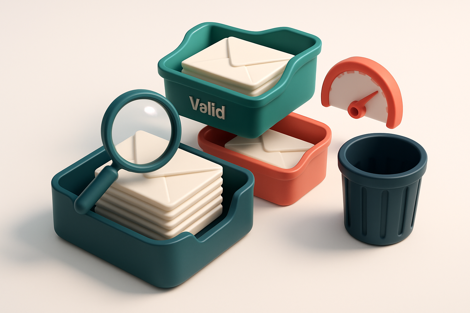 An isometric email inbox with envelopes being sorted into a green 'valid' tray and a red 'invalid' tray, a magnifying gl