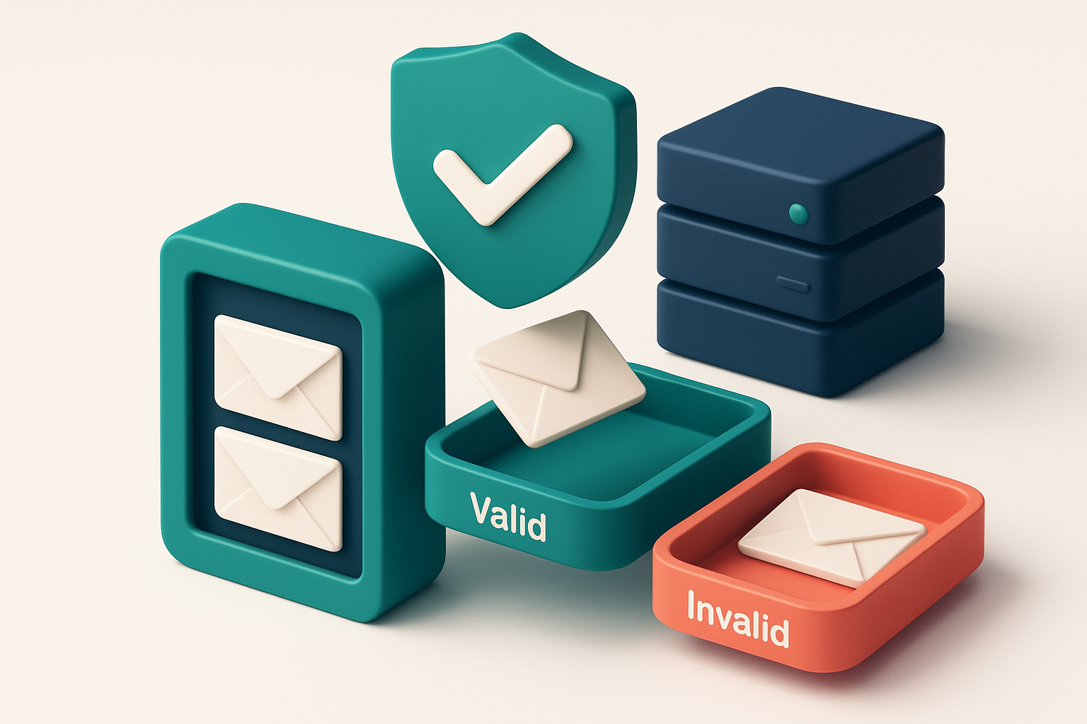 Hero: an isometric email inbox with envelopes being sorted onto a green 'valid' tray and a red 'invalid' tray, a green c