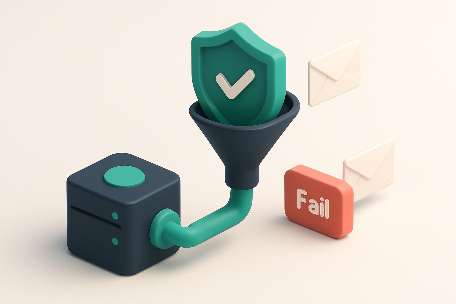 An isometric view of a secure email sending funnel where outgoing messages pass through a green ‘DKIM-Validated’ shield,