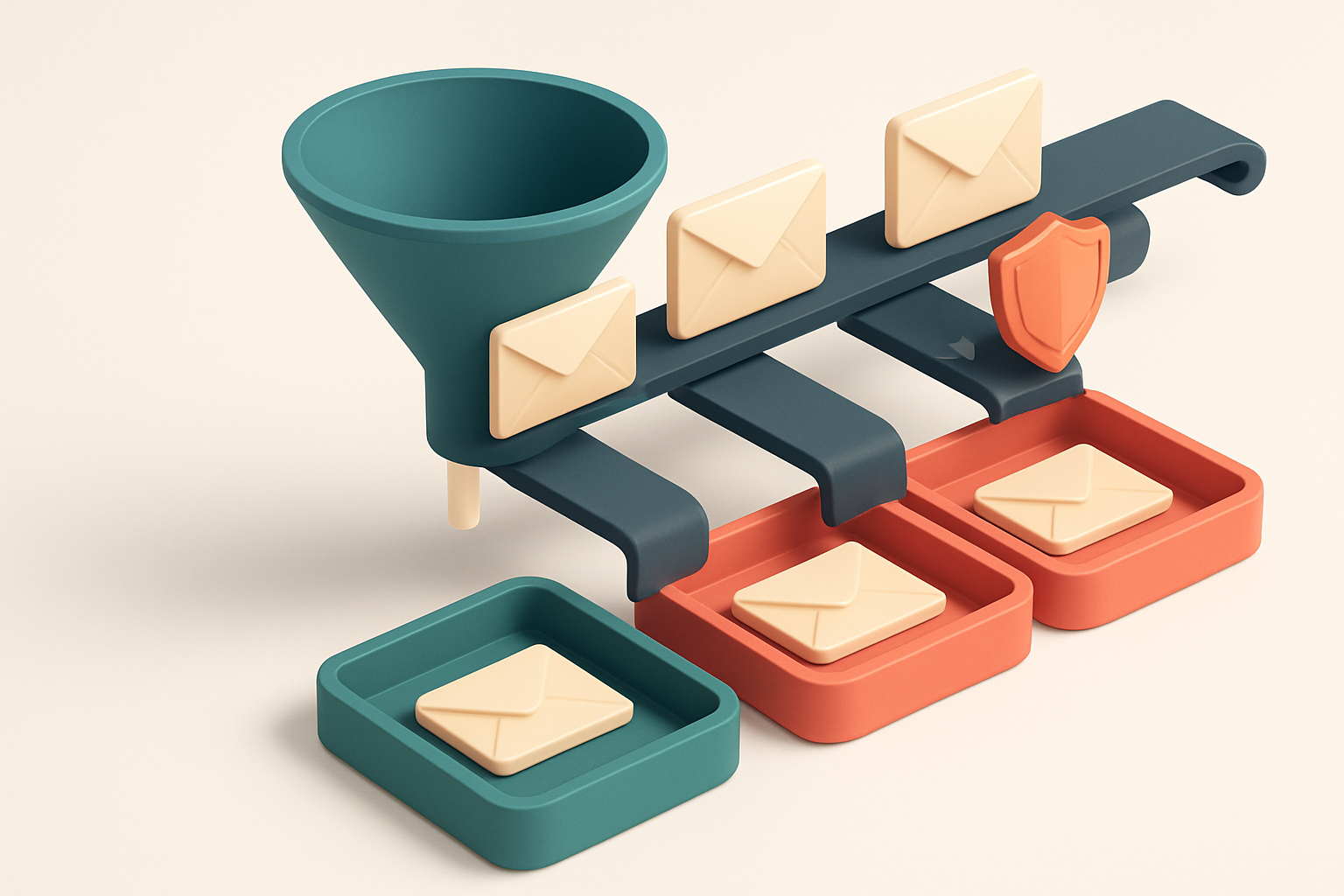 An isometric illustration of a sales funnel with envelopes labeled 'Valid', 'Risky', 'Invalid', and 'Catch-all' being ro
