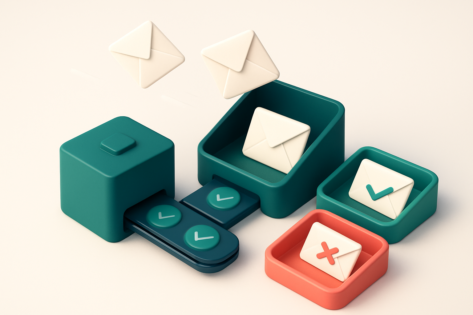 Hero: an isometric email inbox with multiple envelopes flying in, two landing on a green 'valid' tray and one on a red '
