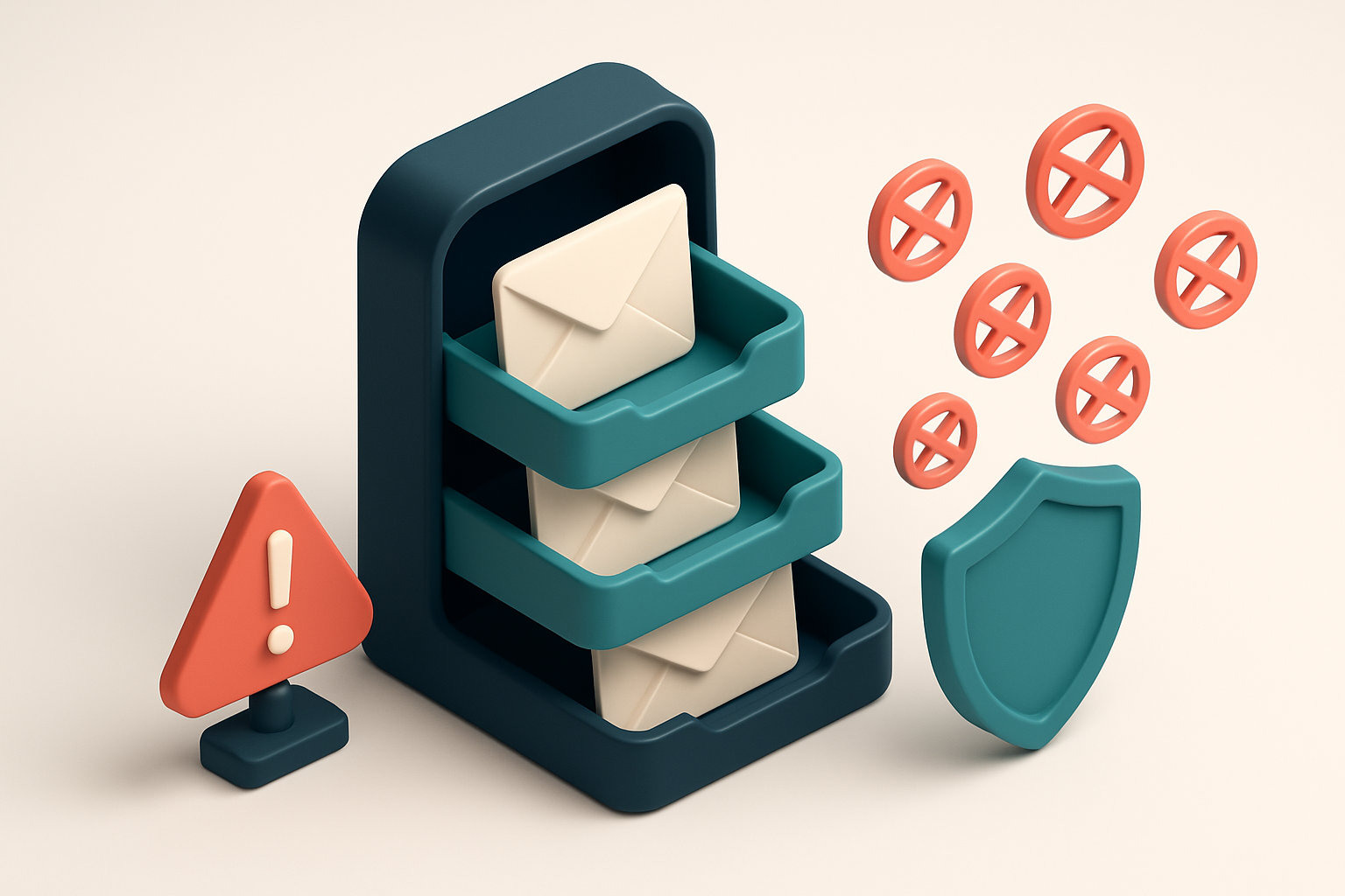 Hero: an isometric email inbox with envelopes labeled 'Valid', 'Risky', and 'Invalid' sorted into separate trays, a red