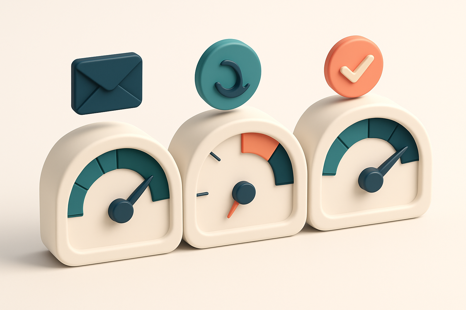 A row of three gauges showing inbox placement success, bounce rate, and sender reputation