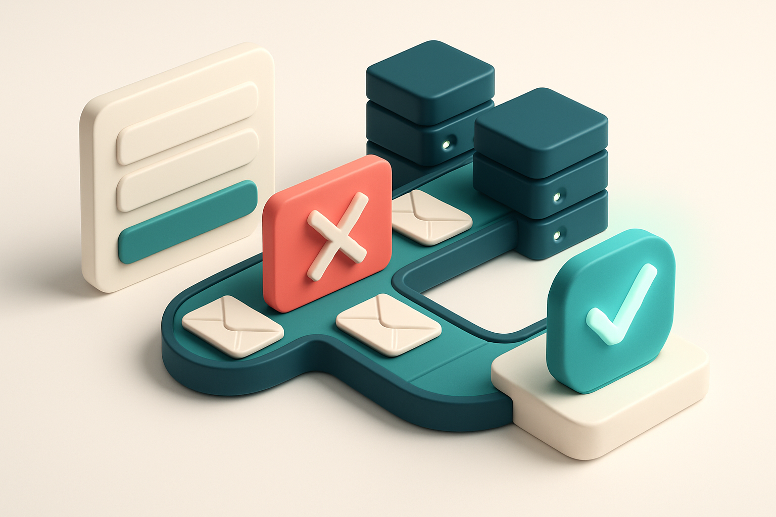 Hero: an isometric SaaS signup funnel with a glowing green checkmark at the end, a red 'invalid' barrier blocking fake e