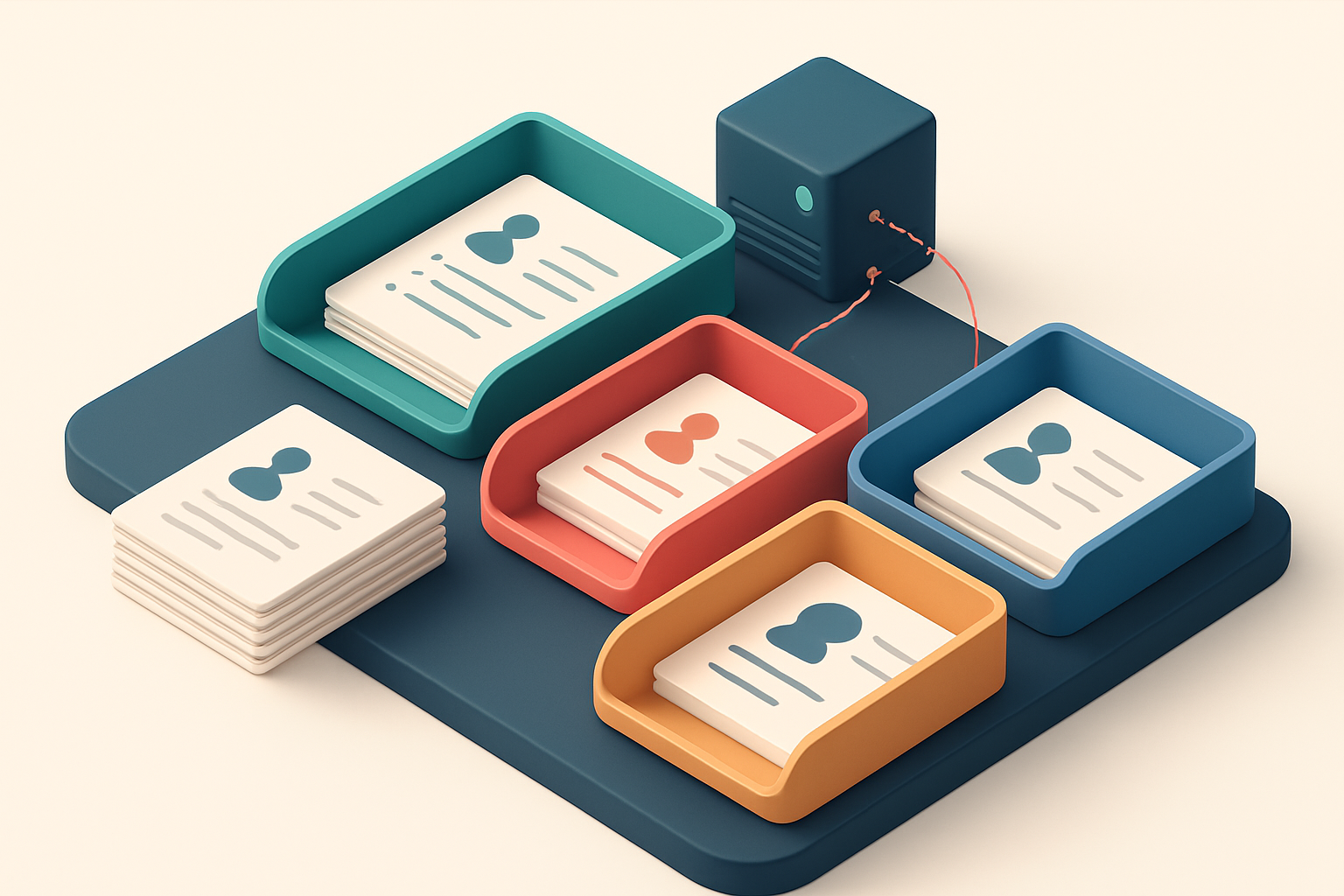 An isometric desk setup with a green 'valid' tray, a red 'invalid' tray, a yellow 'risky' tray, and a blue 'catch-all' t