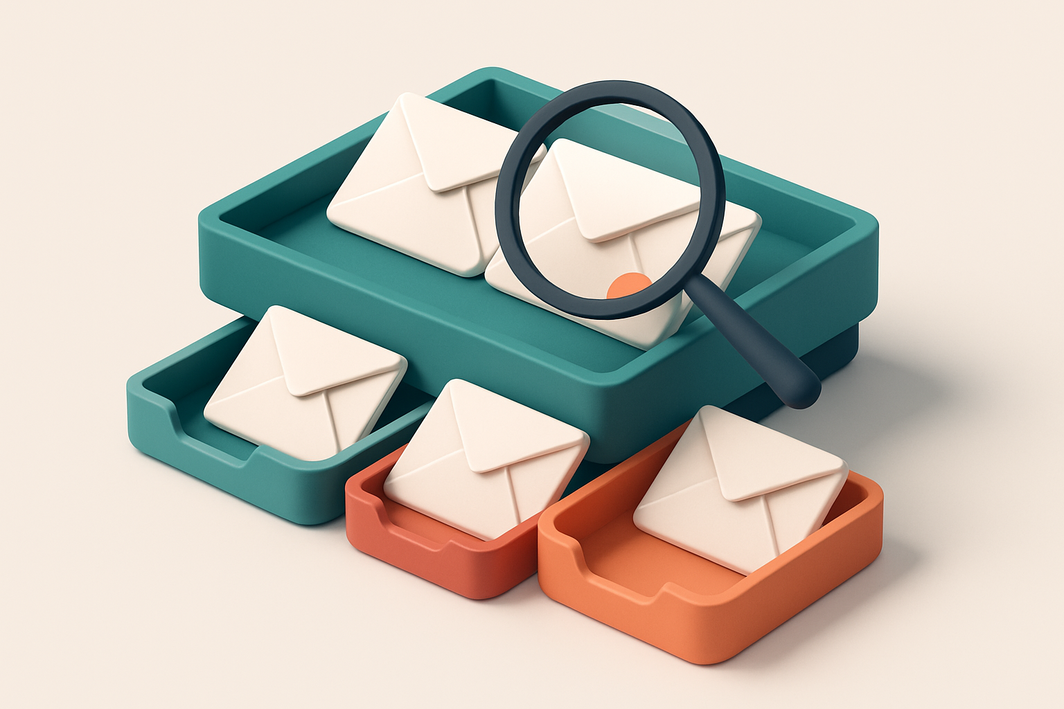 An isometric email inbox with envelopes sorted into three labeled trays: green for 'valid', red for 'invalid', and orang