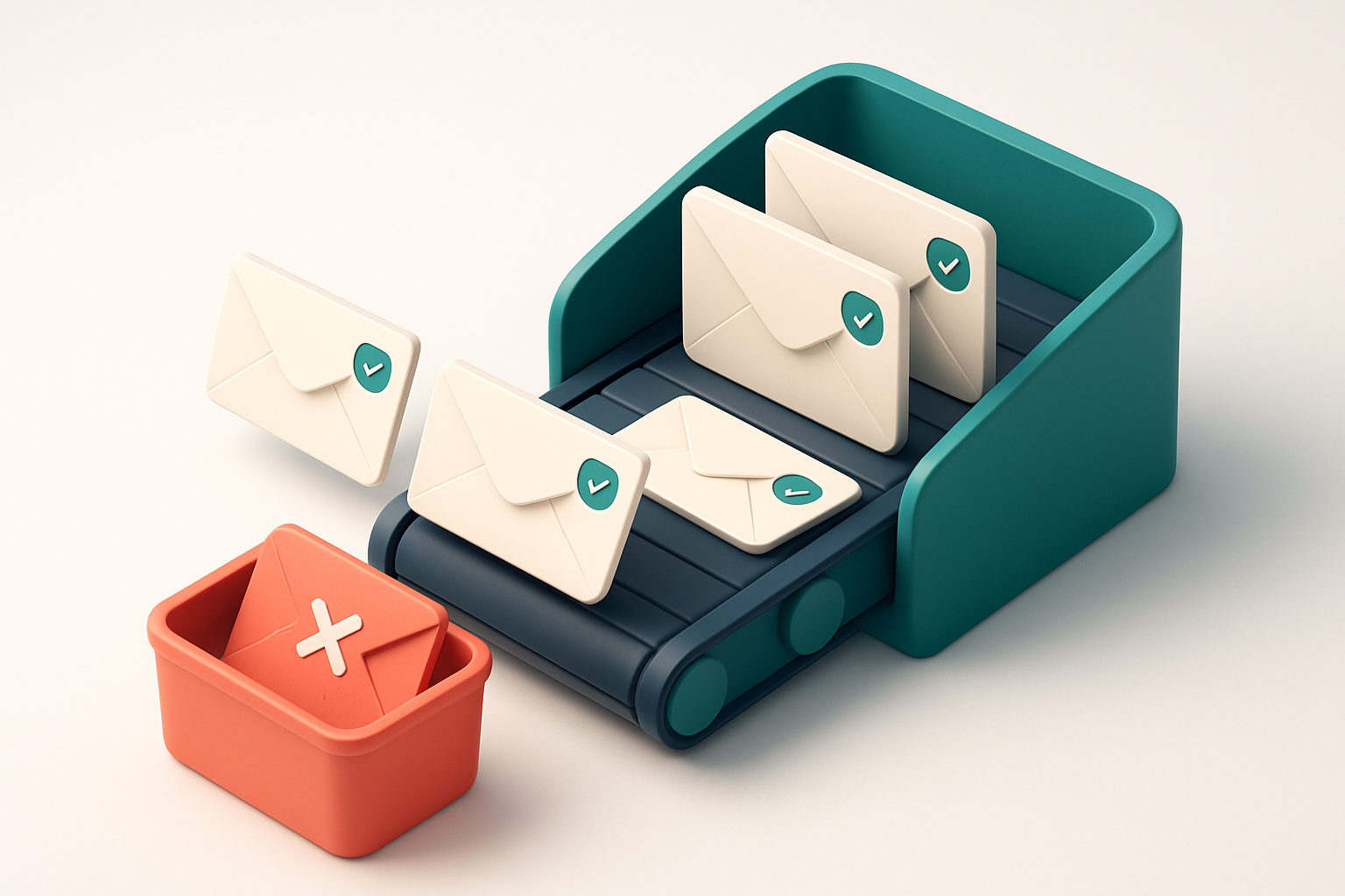 An isometric inbox with envelopes arriving in a conveyor belt, each labeled with a candidate name and email address; red