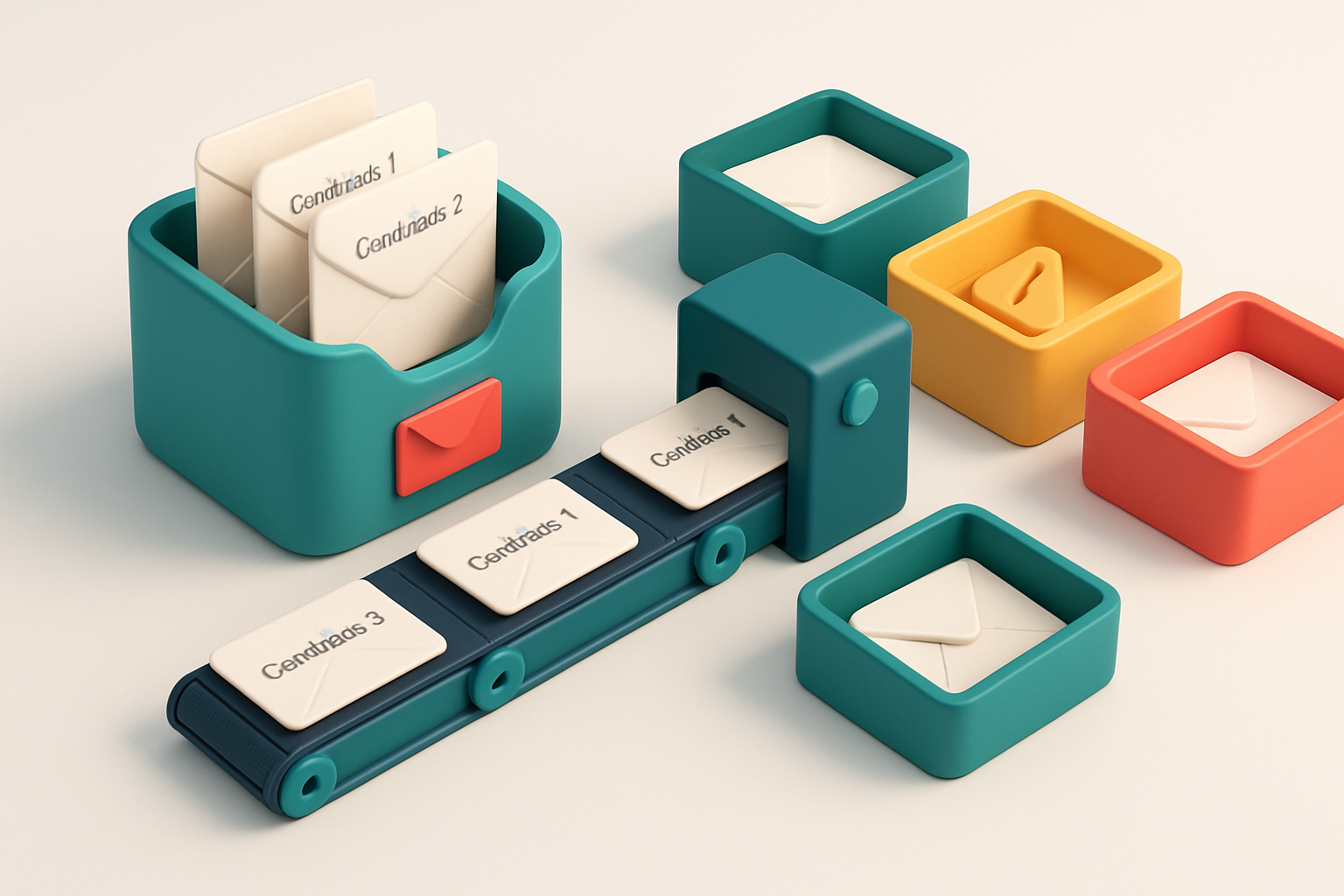 An isometric email inbox with envelopes labeled 'Candidate 1', 'Candidate 2', etc., being sorted by a conveyor belt: val