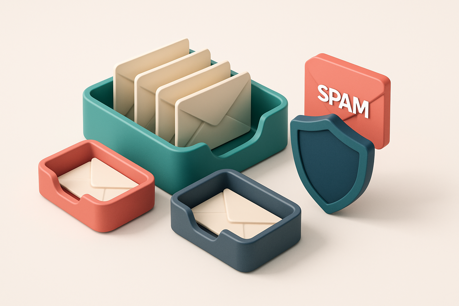 An isometric inbox with envelopes sorted into three trays: a green 'valid' tray, a red 'invalid' tray, and a gray 'risky