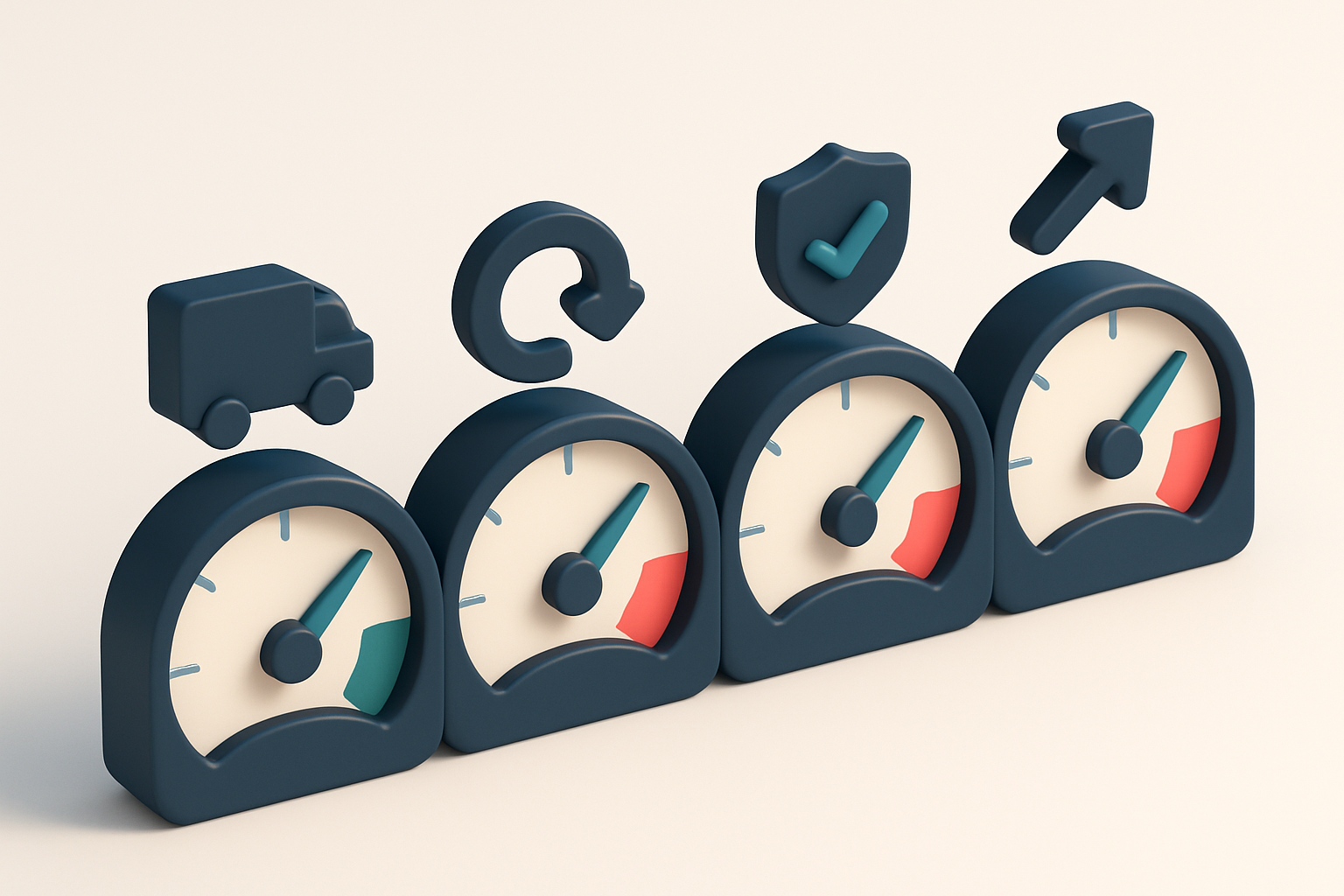 a row of four gauges showing delivery, bounce, trust, and conversion rates