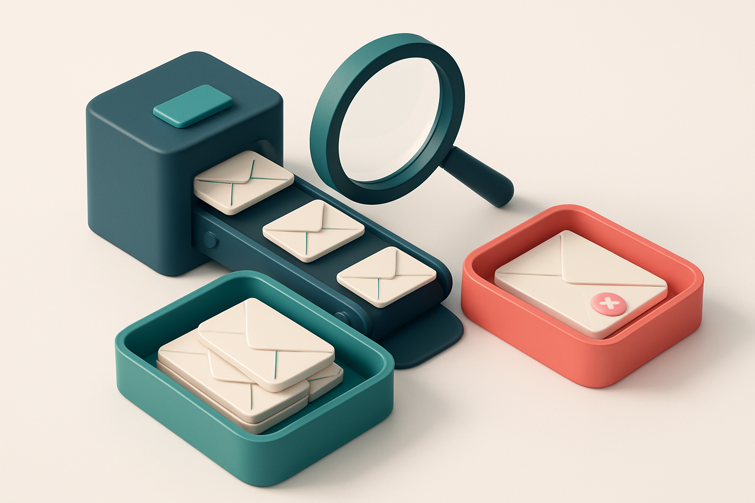 an isometric email inbox with envelopes being sorted onto a green 'valid' tray and a red 'invalid' tray, a magnifying gl