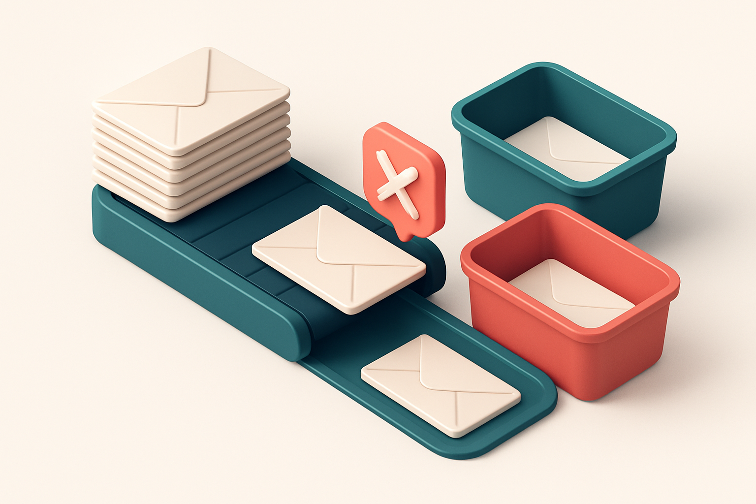 An isometric stack of physical envelopes labeled 'Valid' and 'Invalid' being sorted by a digital conveyor belt into gree