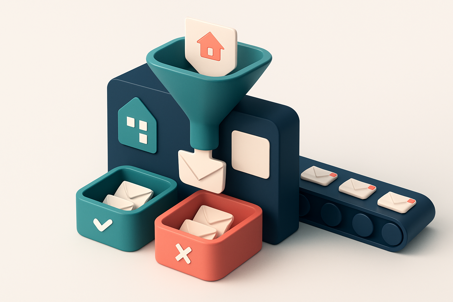 An isometric illustration of a real estate webinar registration dashboard with a funnel-shaped input, where emails enter