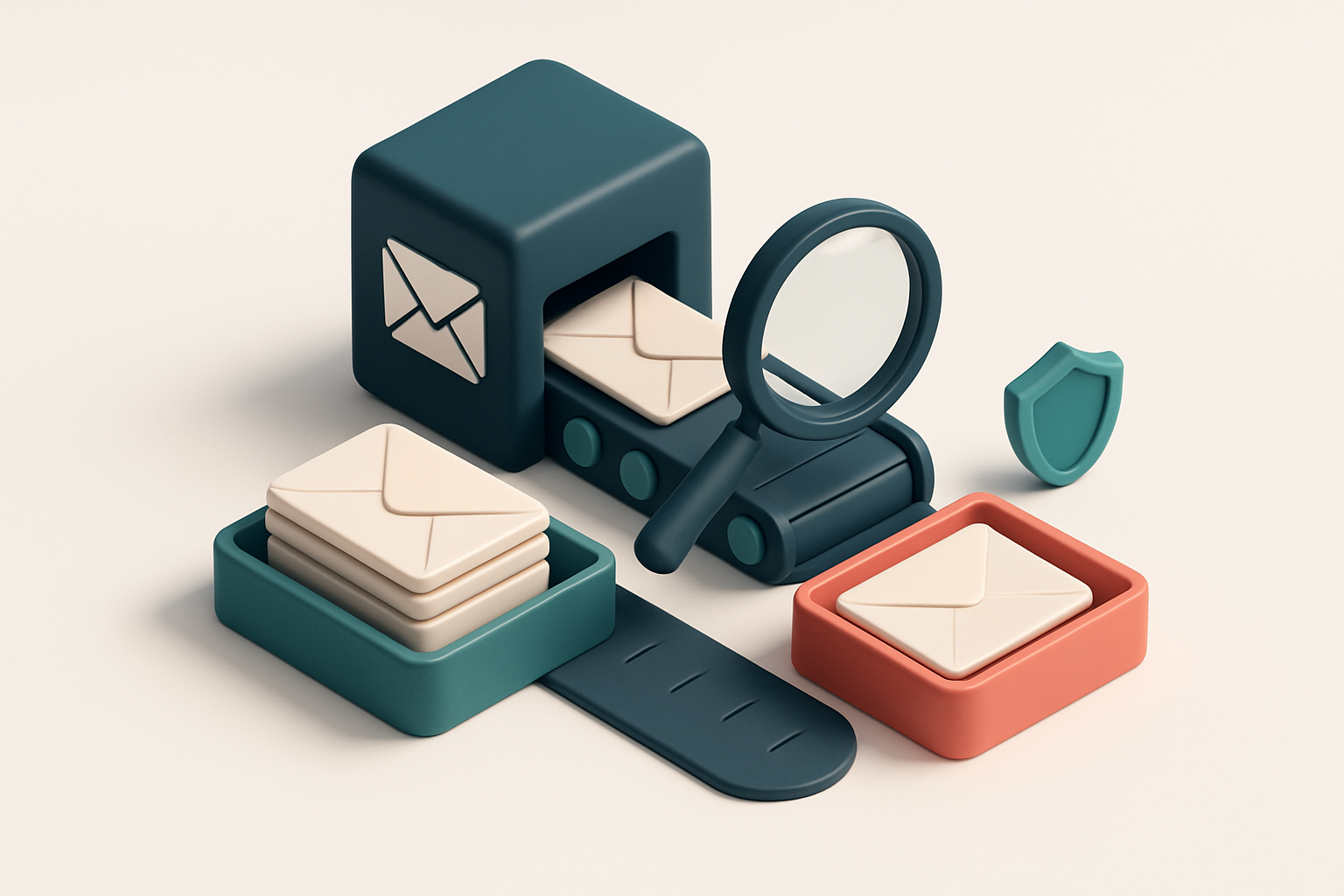 an isometric email inbox with envelopes being sorted by a conveyor belt into a green 'valid' tray and a red 'invalid' tr