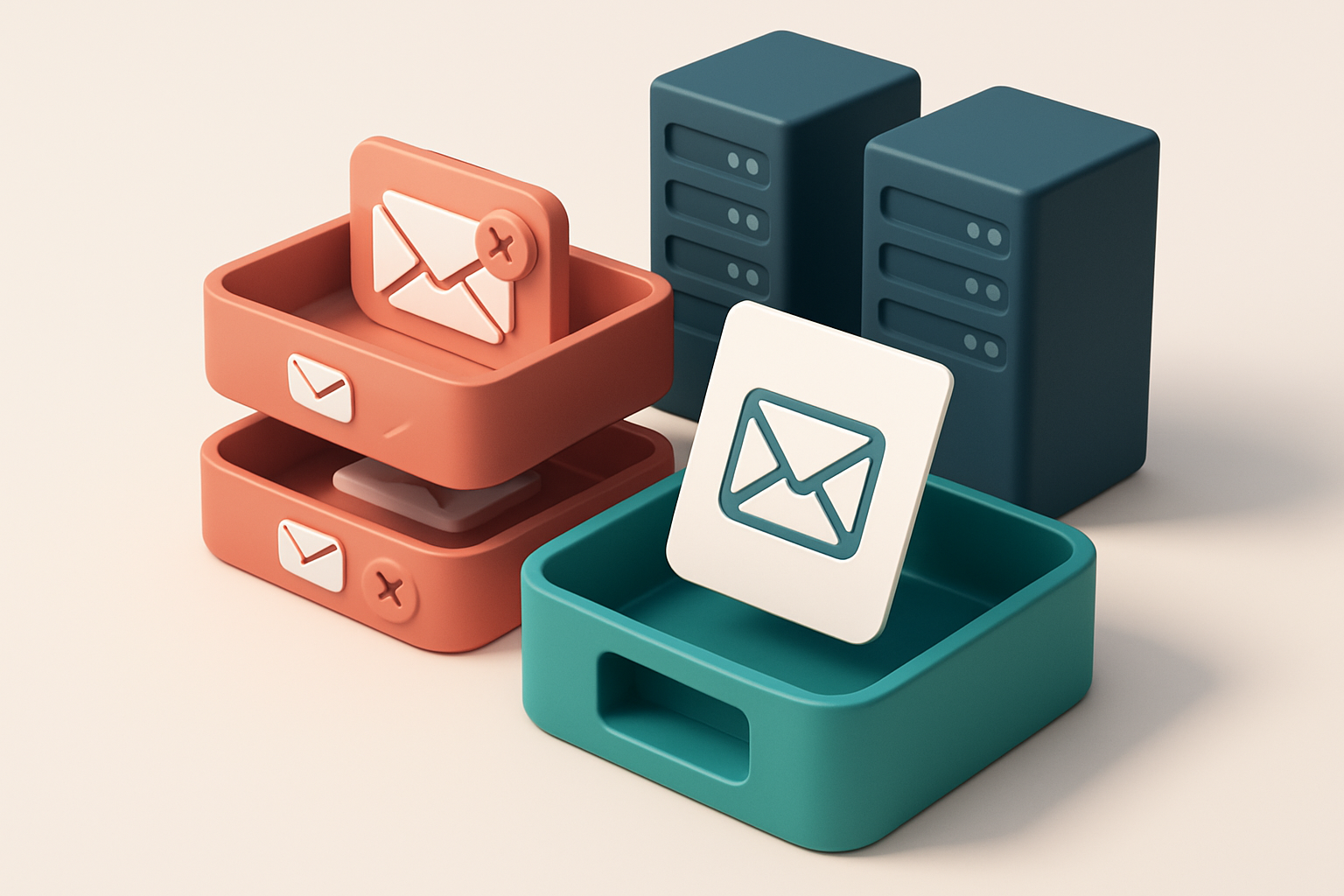 An isometric dashboard showing a green 'inbox' tray receiving validated emails, while red 'bounce' trays collect invalid