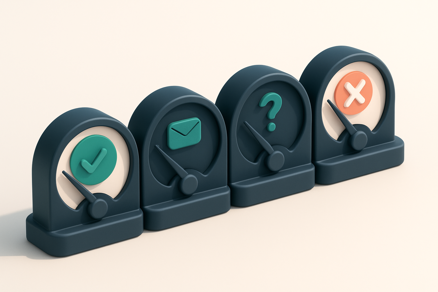 a row of four gauges showing valid, invalid, catch-all, and risky email statuses