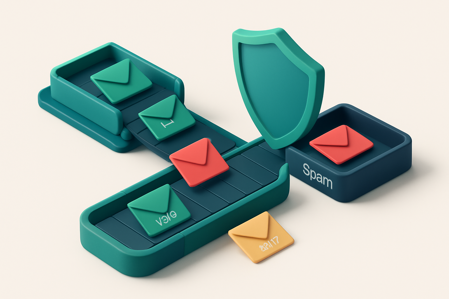 An isometric view of a conveyor belt carrying green envelopes labeled 'valid', red 'invalid', and yellow 'risky' toward