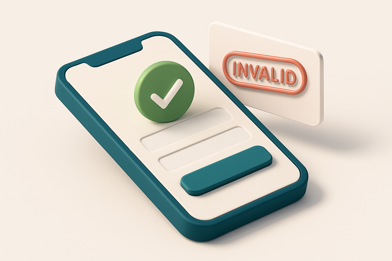 An isometric mobile app interface with a sign-up form, a green checkmark appearing in real time as a valid email passes